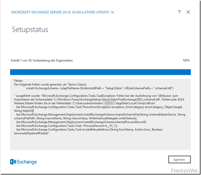 Exchange CU Installation bricht mit Fehler beim Schema Update ab