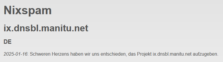 Spam-Blacklist Nixspam abgeschaltet